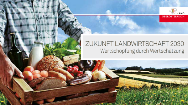 Foto: Land OÖ Titelseite der Einladung Zukunft Landwirtschaft 2030 - Ein Mann hat eine Kiste mit Lebensmitteln in den Händen.
