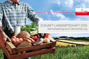 Titelseite der Einladung Zukunft Landwirtschaft 2030 - Ein Mann hat eine Kiste mit Lebensmitteln in den Händen.