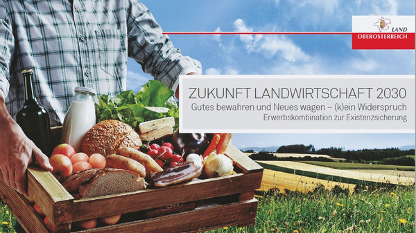 Foto: Land OÖ Titelseite der Einladung Zukunft Landwirtschaft 2030 - Ein Mann hat eine Kiste mit Lebensmitteln in den Händen.