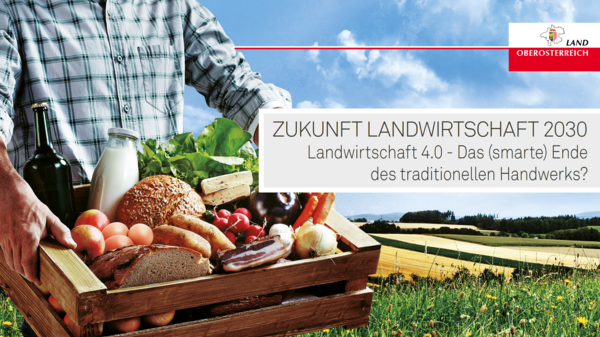 Foto: Land OÖ Titelseite der Einladung Zukunft Landwirtschaft 2030 - Ein Mann hat eine Kiste mit Lebensmitteln in den Händen.