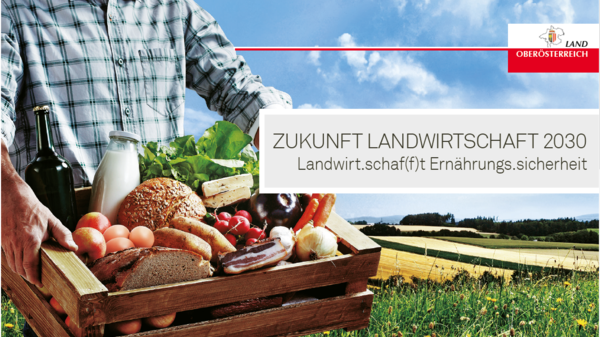 Foto: Land OÖ Titelseite der Einladung Zukunft Landwirtschaft 2030 - Ein Mann hat eine Kiste mit Lebensmitteln in den Händen.